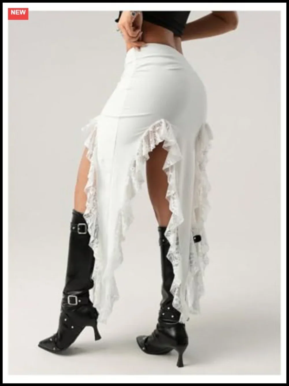 Asymmetrical Lace Trim Fringe Skirt with Slit, Flowy Western Festival Skirt